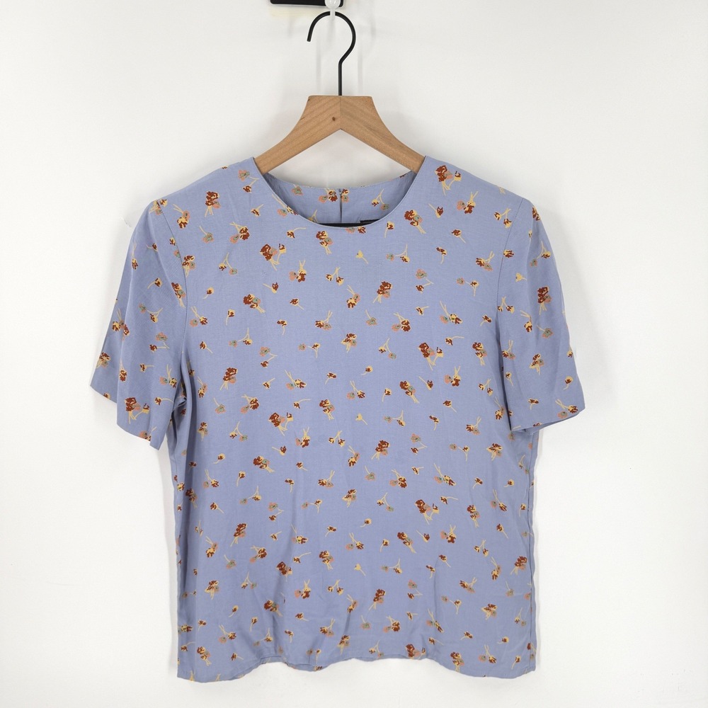 Vintage 90s Norton McNaughton Blouse Blue 8P Floral Short Sleeve Rayon Top